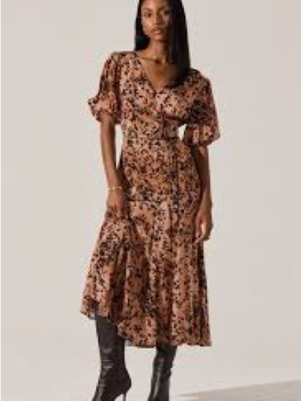 Astr Tan Floral Puff-Sleeve Midi Dress